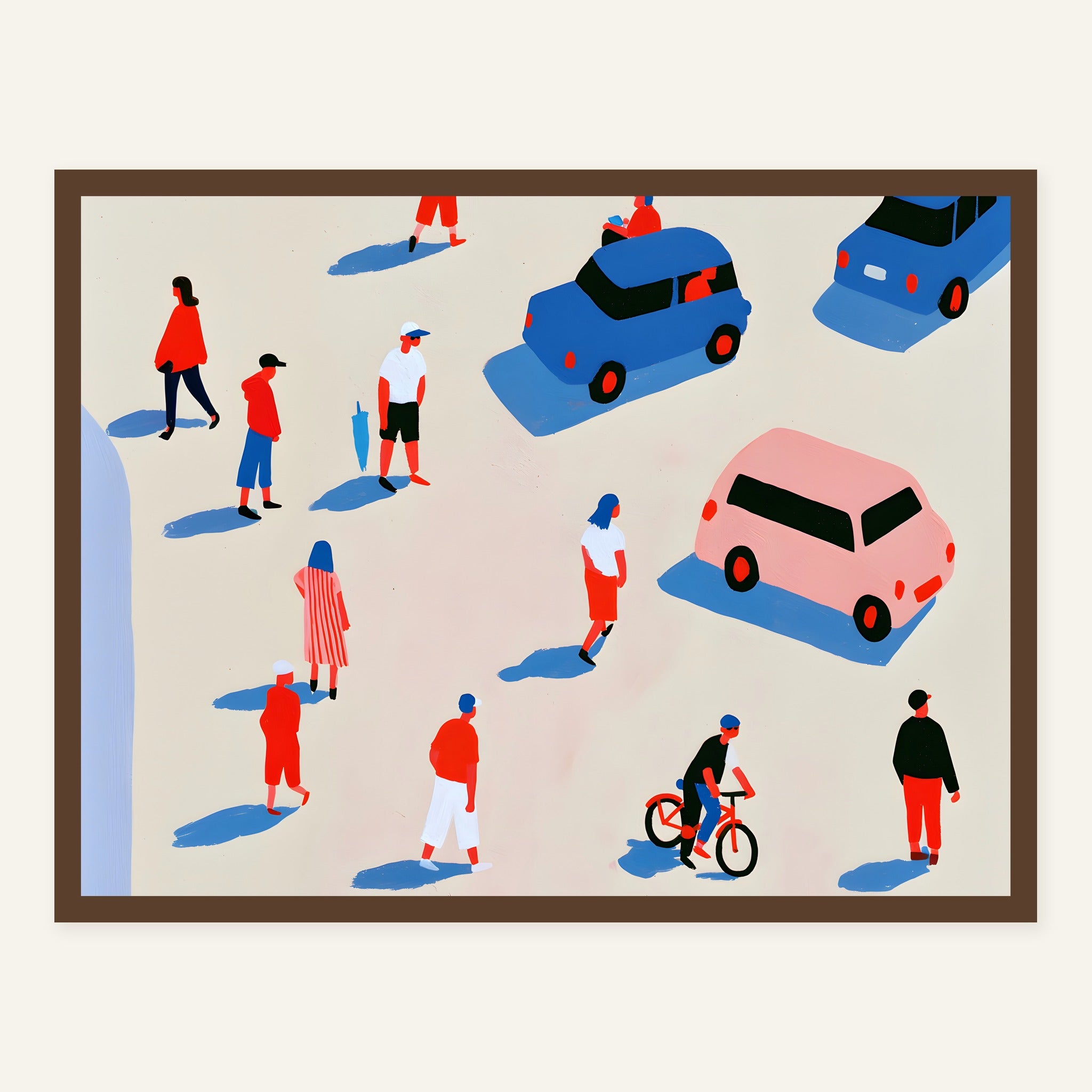 Crosswalk Pause — Dark wood frame